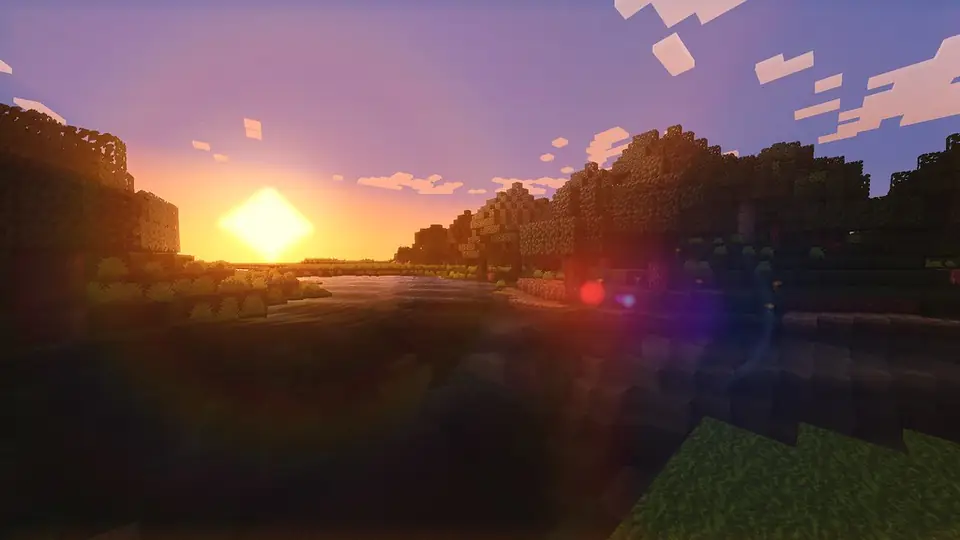 Minecraft sunset over hills rendered with shaders