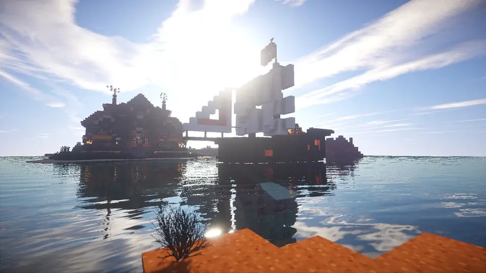 Minecraft sailing ship at sea rendered with shaders