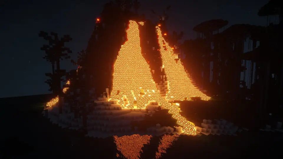 Erupting Minecraft volcano at night rendered with shaders