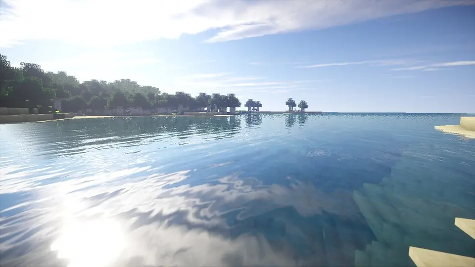 Minecraft coastline rendered with shaders